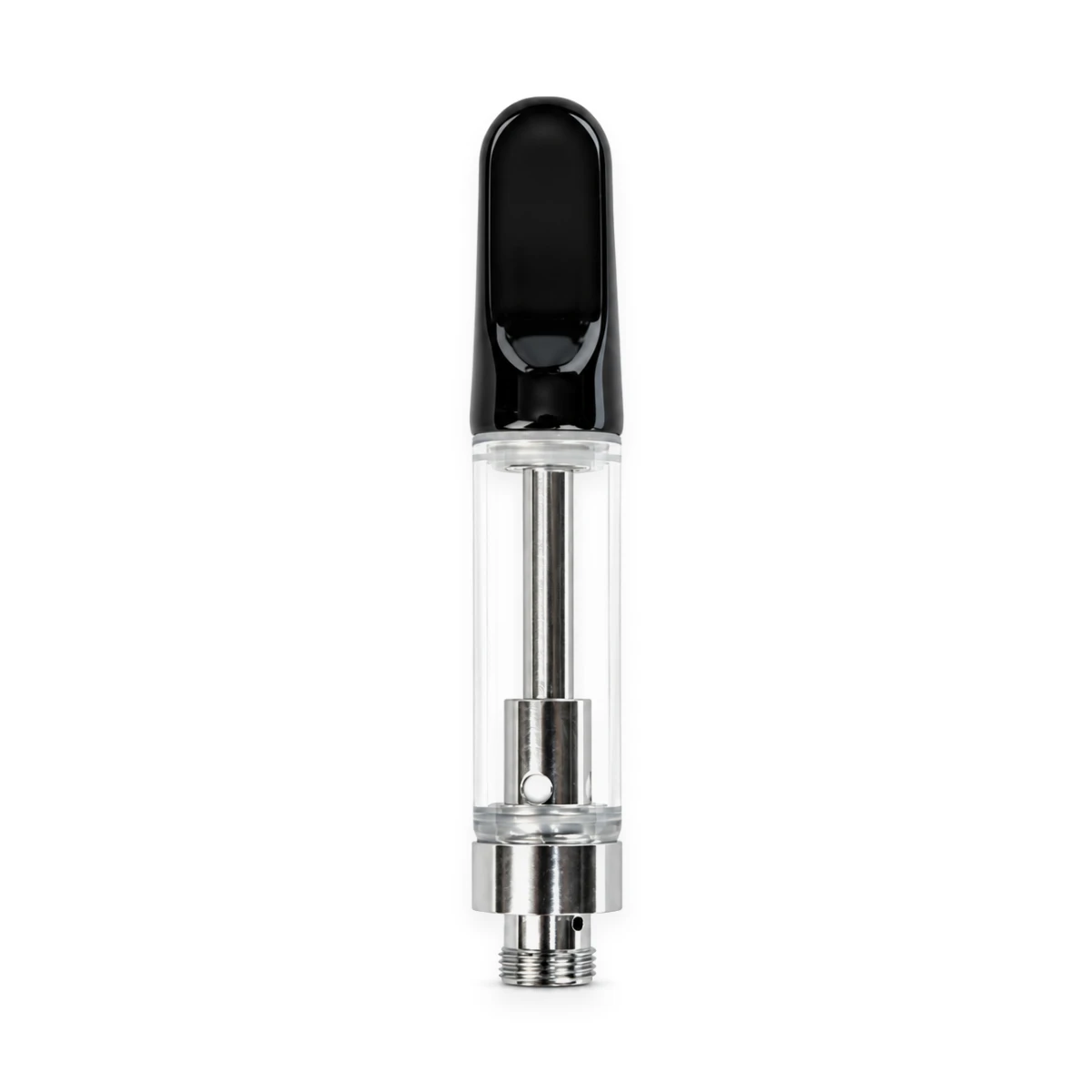 Refillable 510 thread vape cartridge with clear glass tank, metallic base, and glossy black ceramic mouthpiece