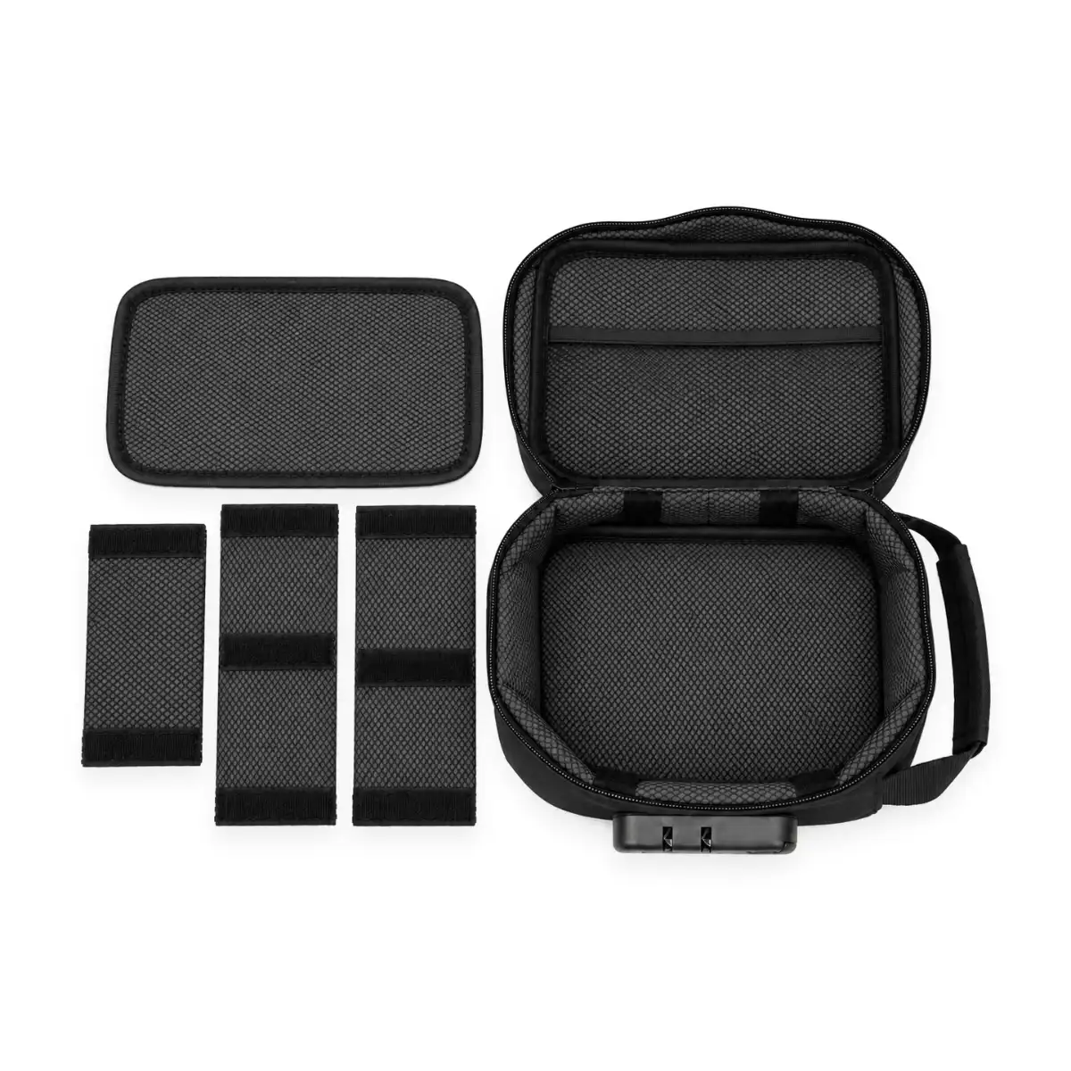 F20 Smell Proof Vape Case open interior with removable velcro dividers and mesh storage insert