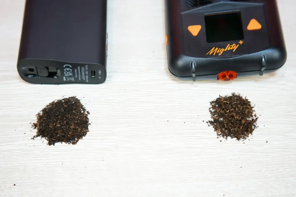 Side by side comparison of evenly roasted dry herb extraction from Utillian 850 versus Storz and Bickel Mighty