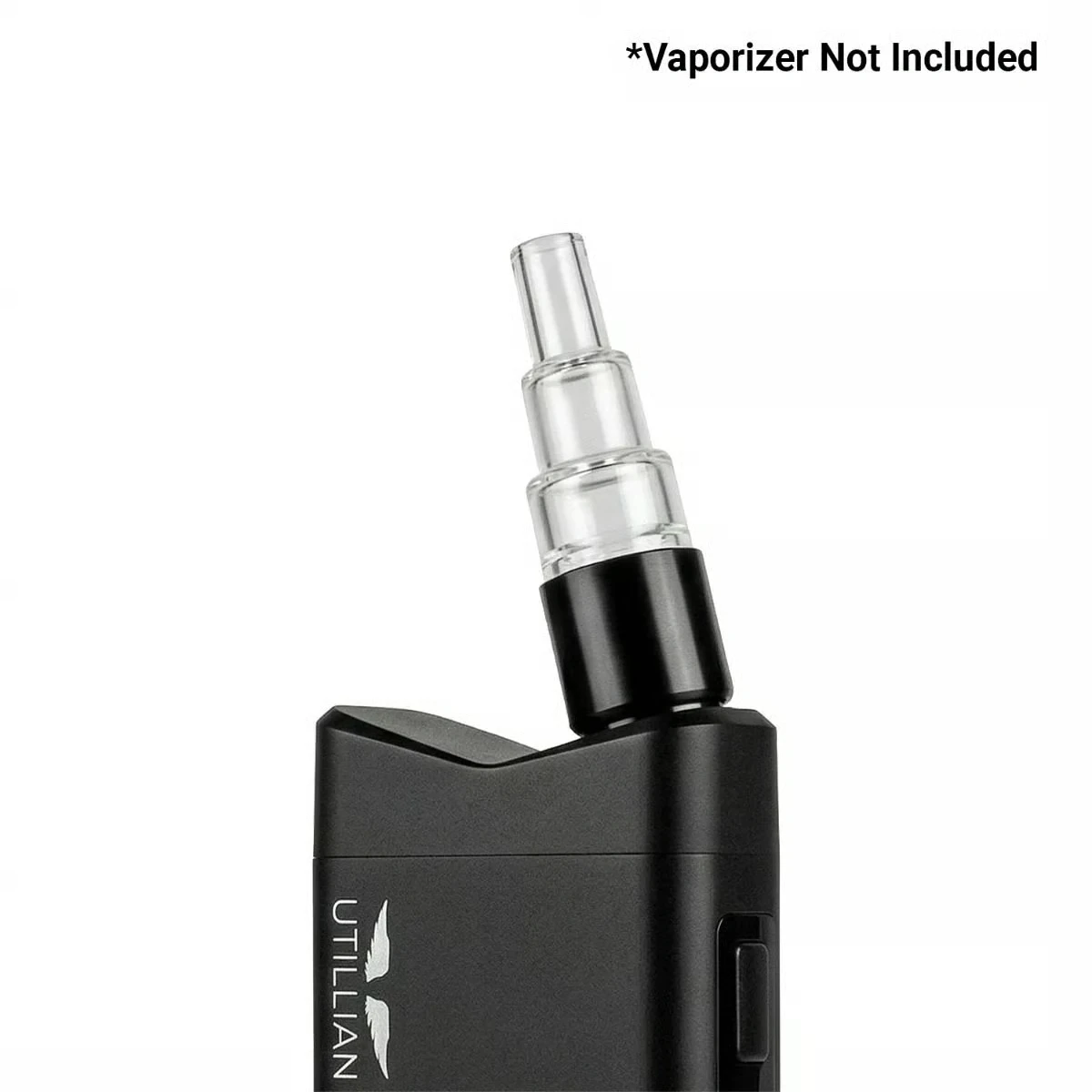 Close-up of the glass water pipe adapter installed on a Utillian 850 vaporizer