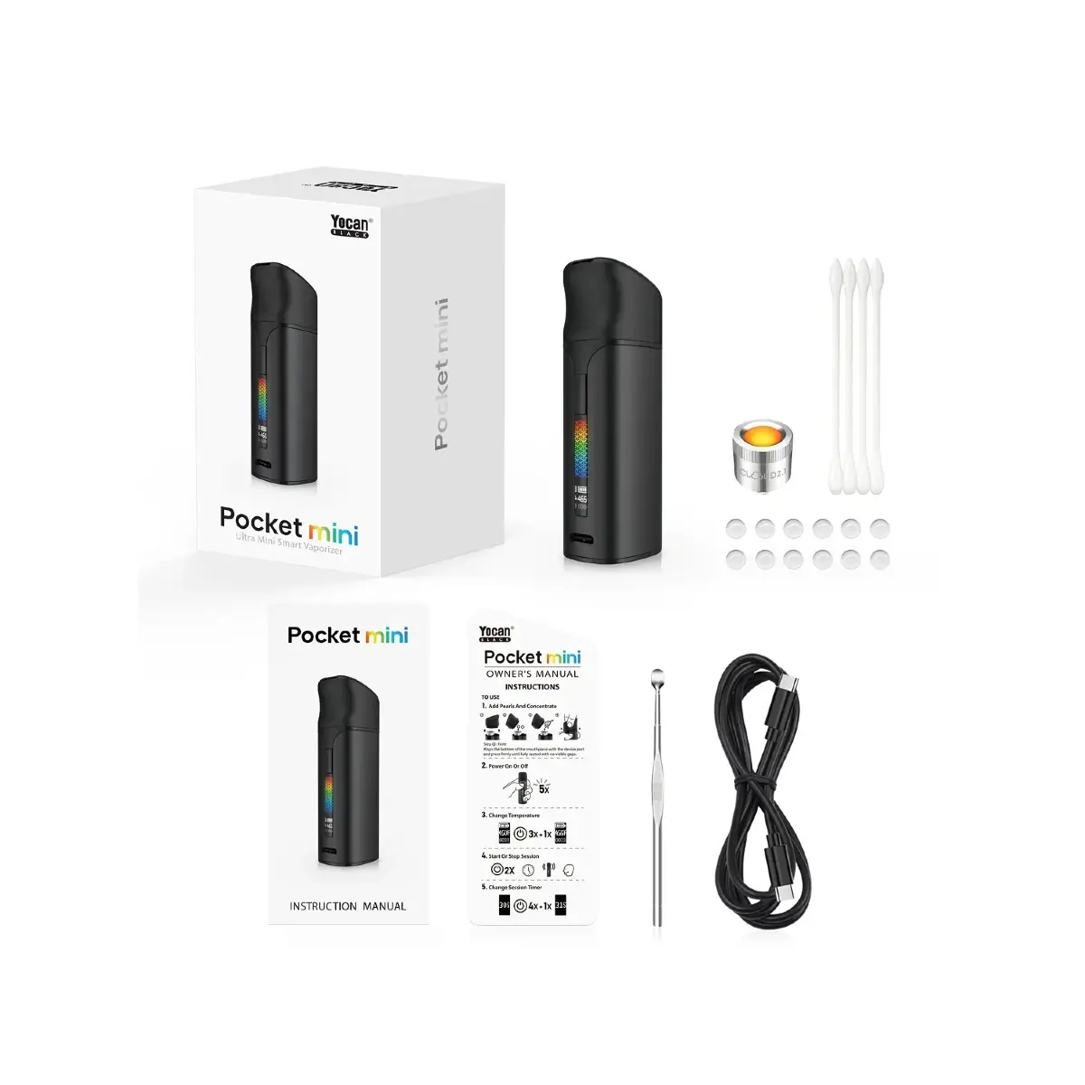 Yocan Black Pocket Mini Dab Pen Vaporizer complete starter kit with accessories and packaging