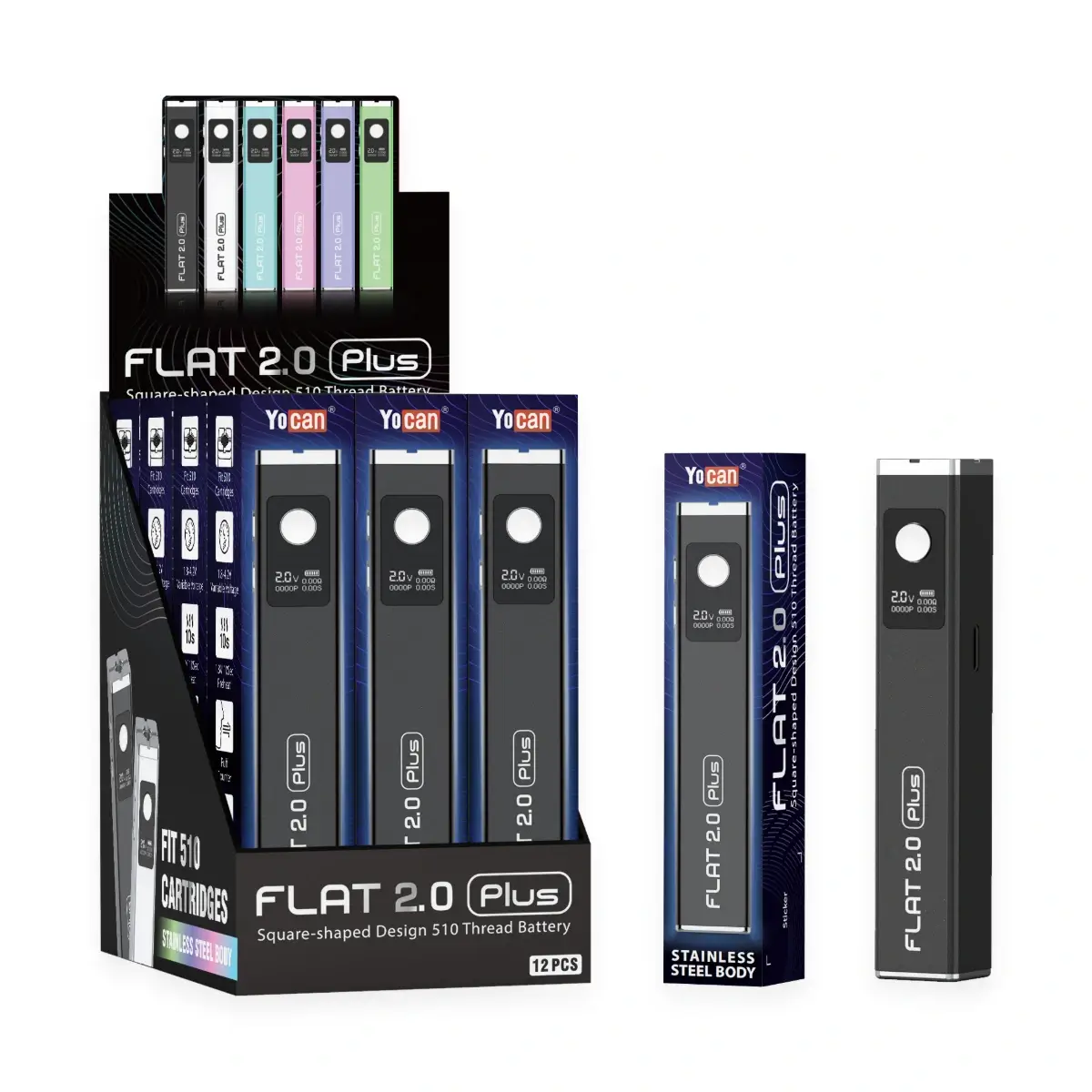 Yocan Flat 2.0 Plus 510 Thread Battery Display Box and Retail Packaging