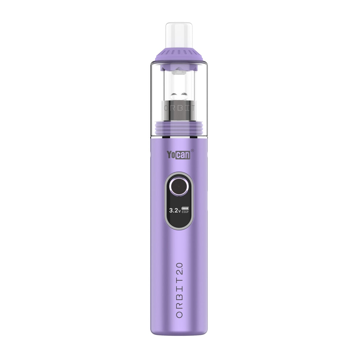 Yocan Orbit 2.0 Concentrate Vaporizer Pen in metallic purple with clear glass mouthpiece and OLED control screen