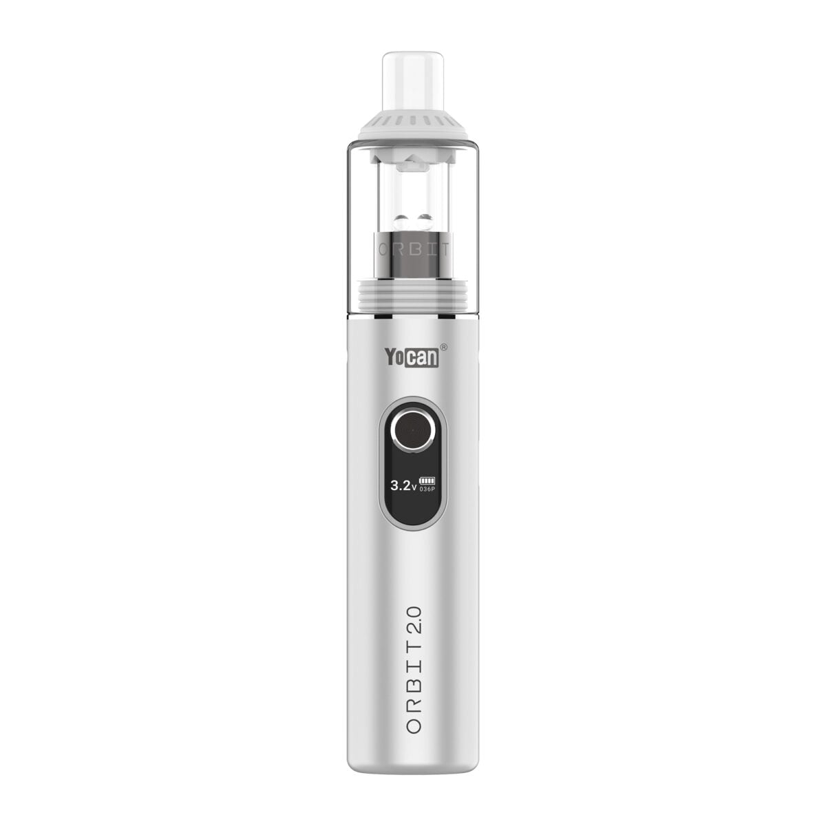Yocan Orbit 2.0 Concentrate Vaporizer Pen in metallic silver with clear quartz glass mouthpiece and OLED screen