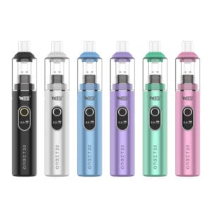 Yocan Orbit 2.0 Vaporizer Pen line-up in black, silver, blue, purple, green, and pink colorways with glass mouthpiece