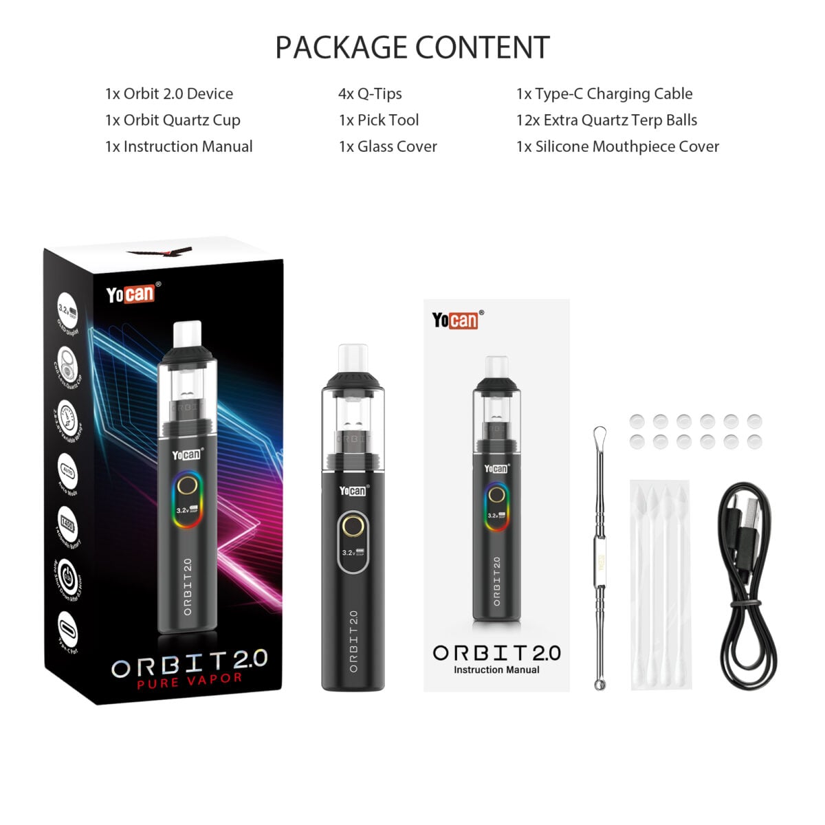 Yocan Orbit 2.0 Vaporizer kit packaging content including device, quartz balls, pick tool, q-tips, and USB-C cable