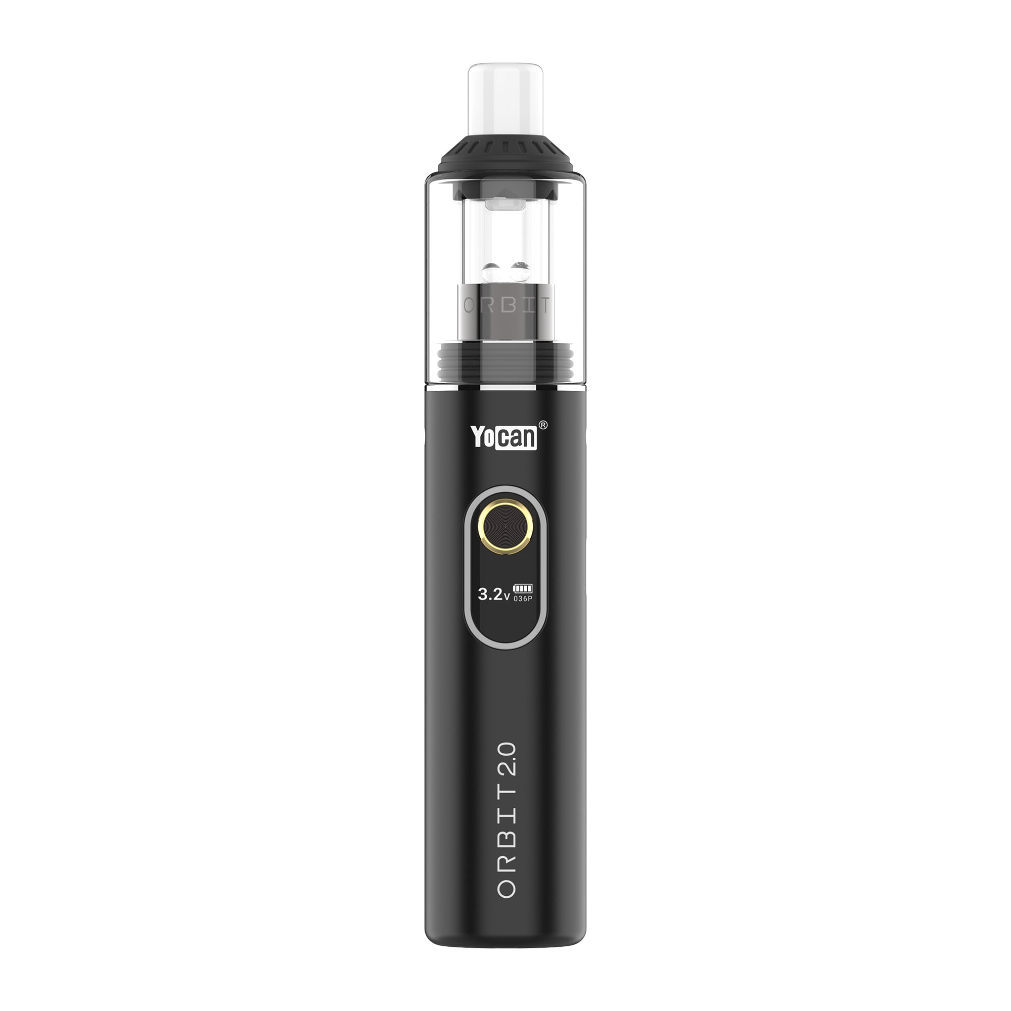 Yocan Orbit 2.0 Wax Vaporizer Pen in metallic black featuring clear glass mouthpiece and digital OLED display