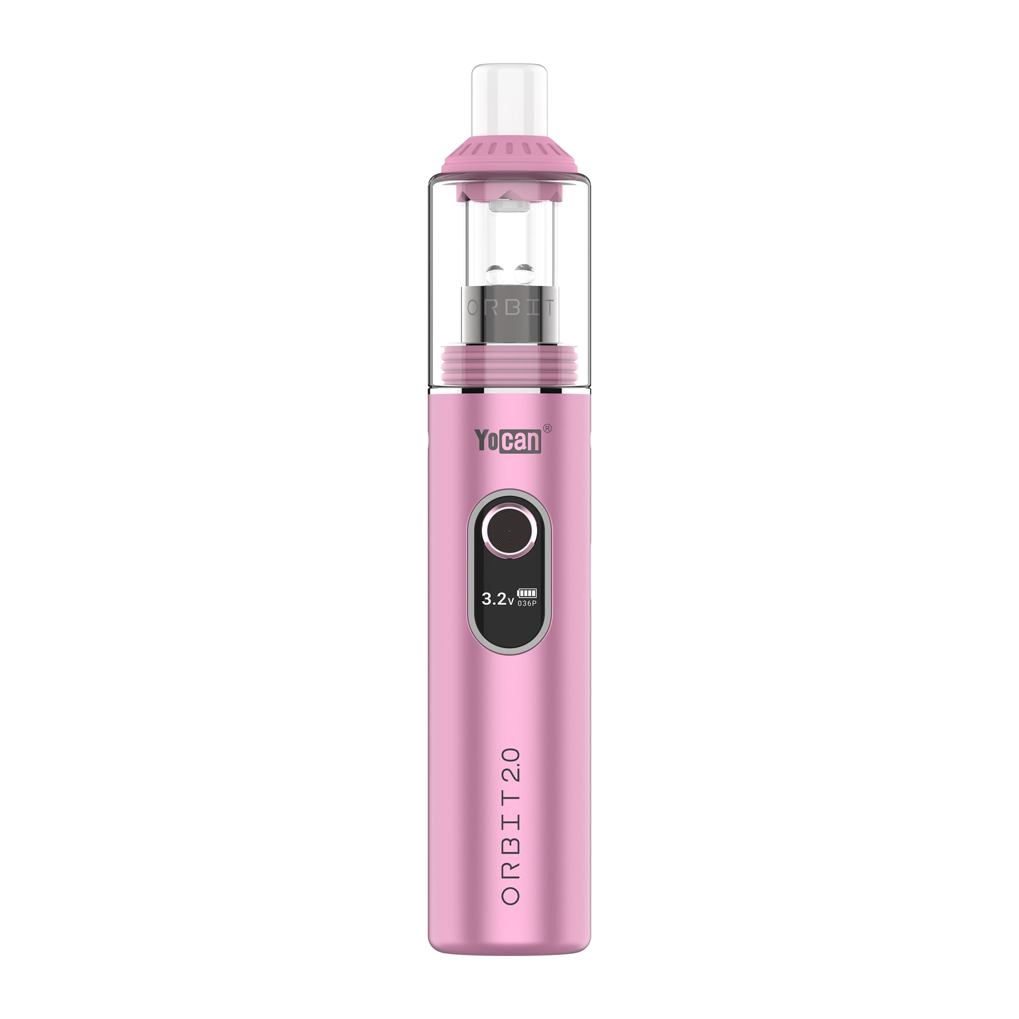 Yocan Orbit 2.0 Wax Vaporizer Pen in metallic pink with clear glass mouthpiece and digital screen display