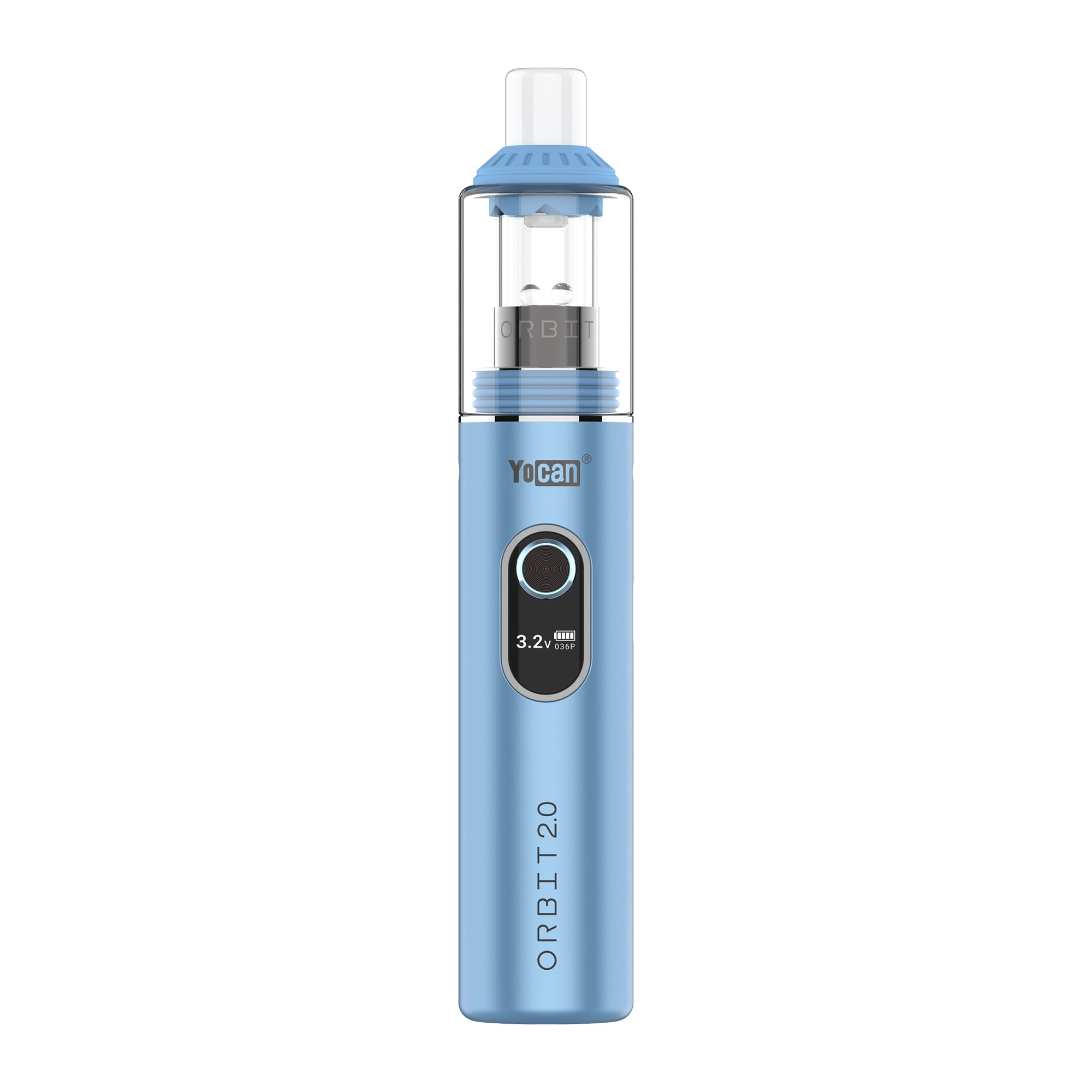 Yocan Orbit 2.0 Wax Vaporizer Pen in sky blue with clear quartz glass mouthpiece and digital screen display