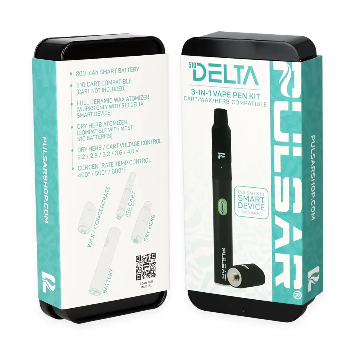 Pulsar 510 DL Delta 3-in-1 Vape Pen Kit Retail Packaging Tin Showing Specifications and Features