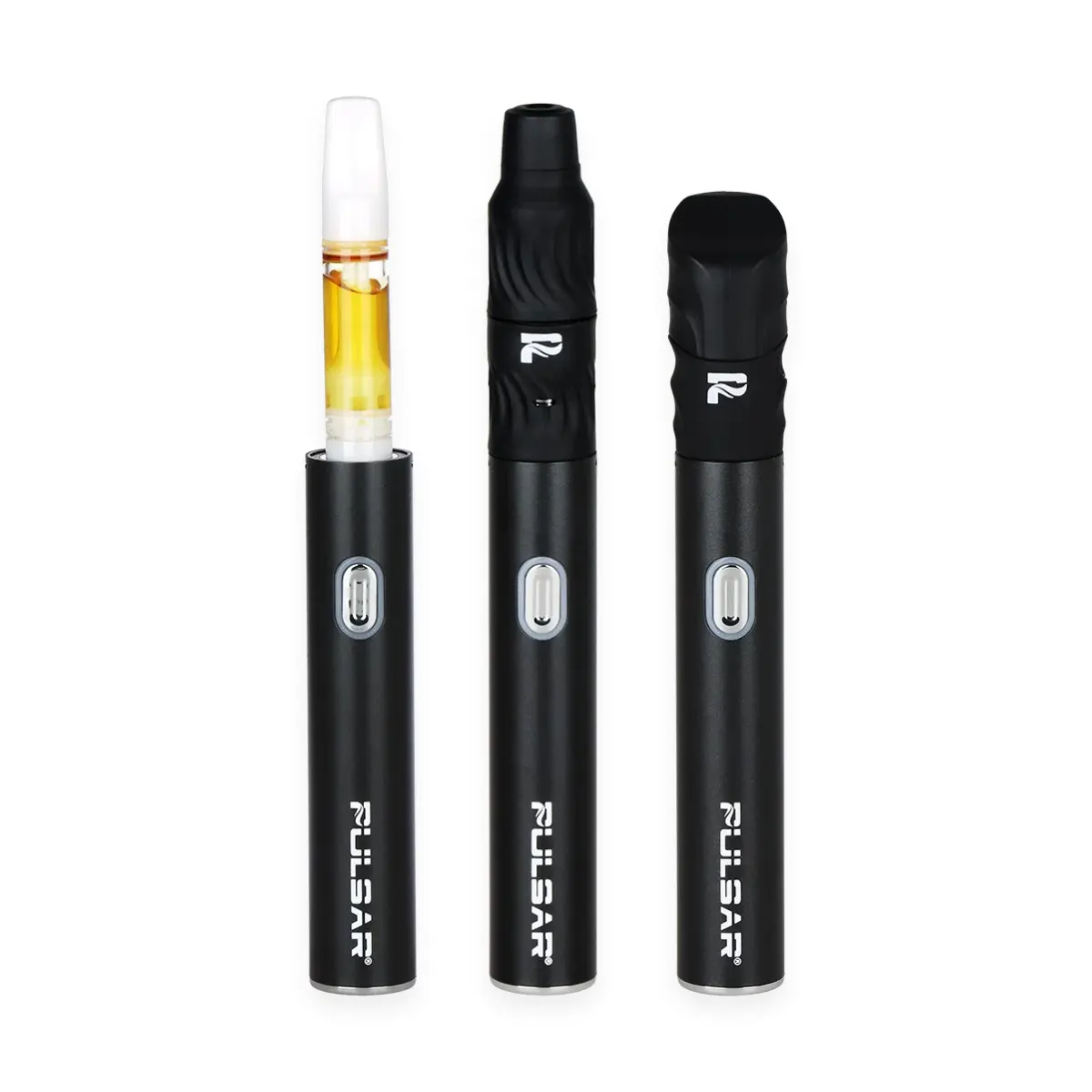 Pulsar 510 DL Delta 3-in-1 Vape Pen Kit in Black showing cartridge, dry herb, and concentrate configurations