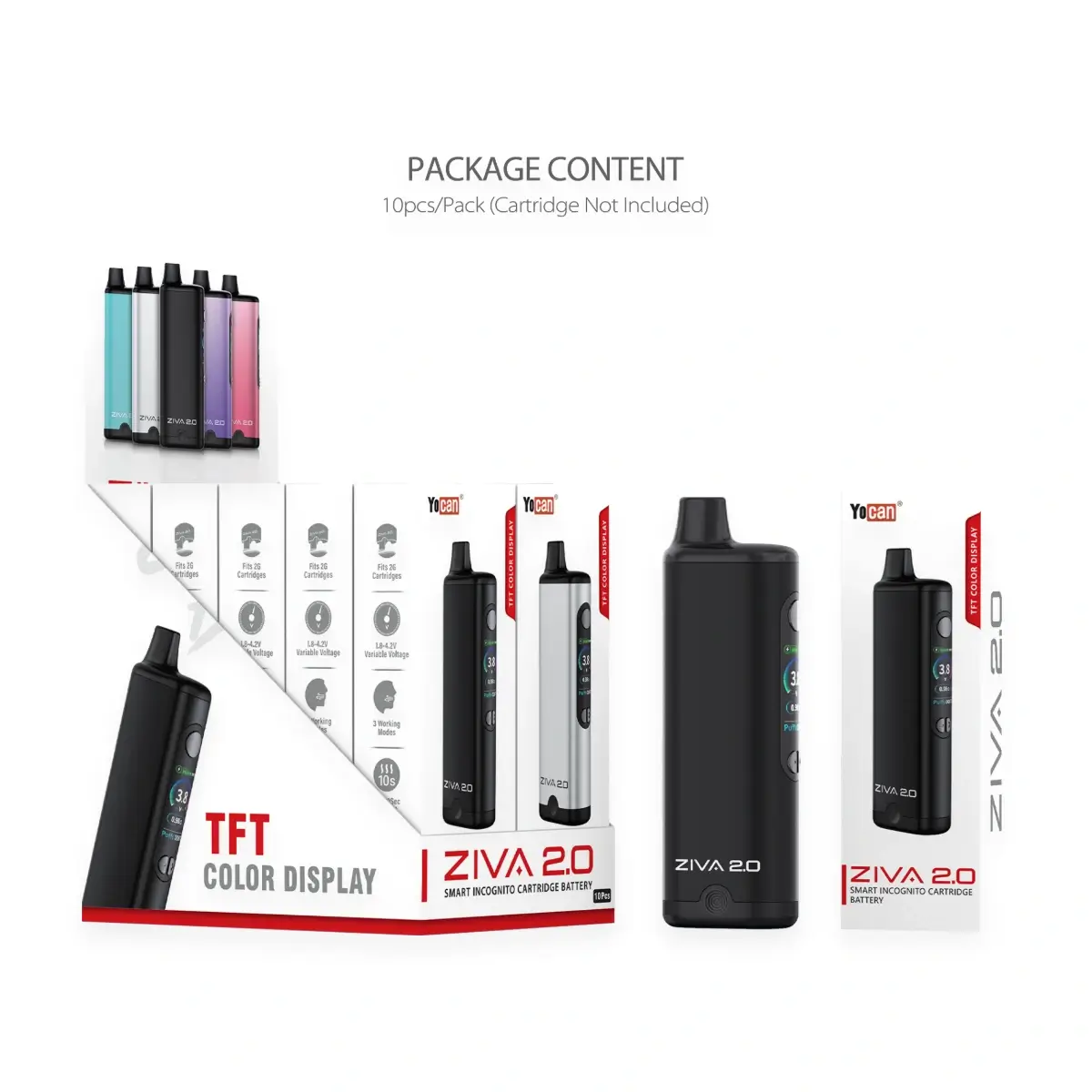 Yocan Ziva 2.0 Smart Incognito Cartridge Battery 10-Piece Display Box Package Content