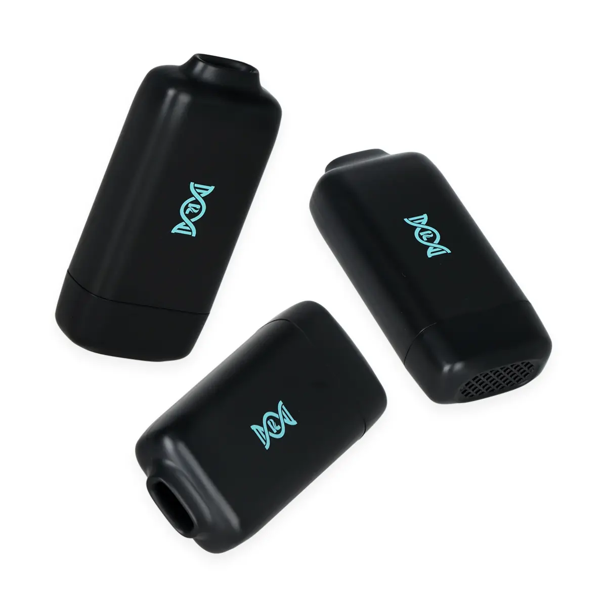 Black Pulsar Core personal air filter from three angles showing mouthpiece and vented base