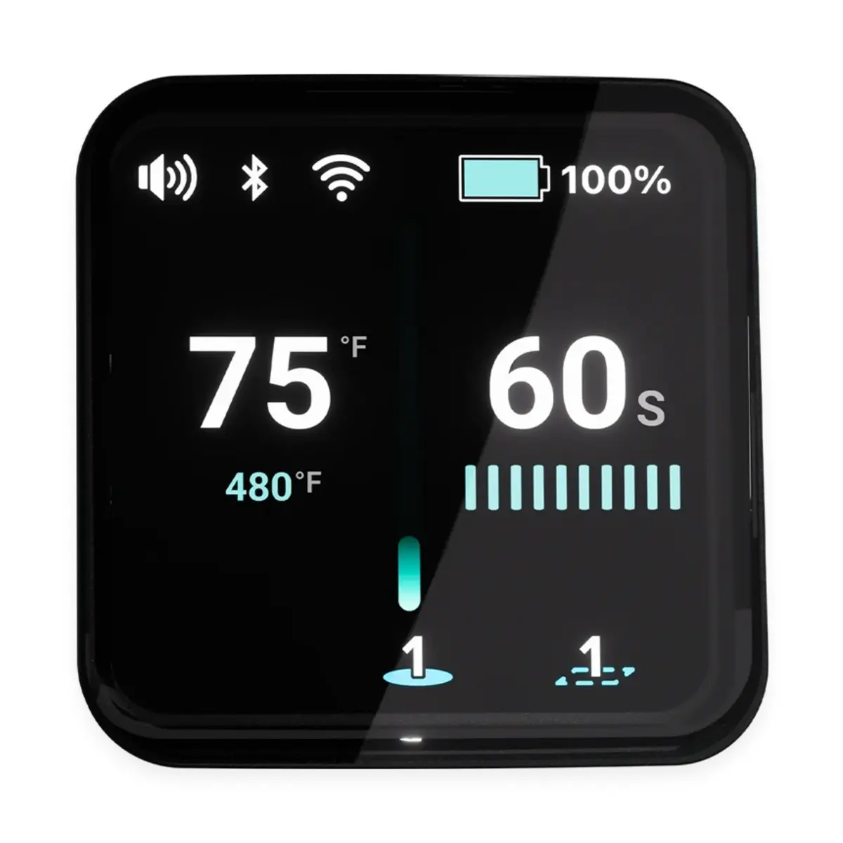 Focus V Carta 3 digital OLED screen interface showing temperature, timer, battery, and connection status