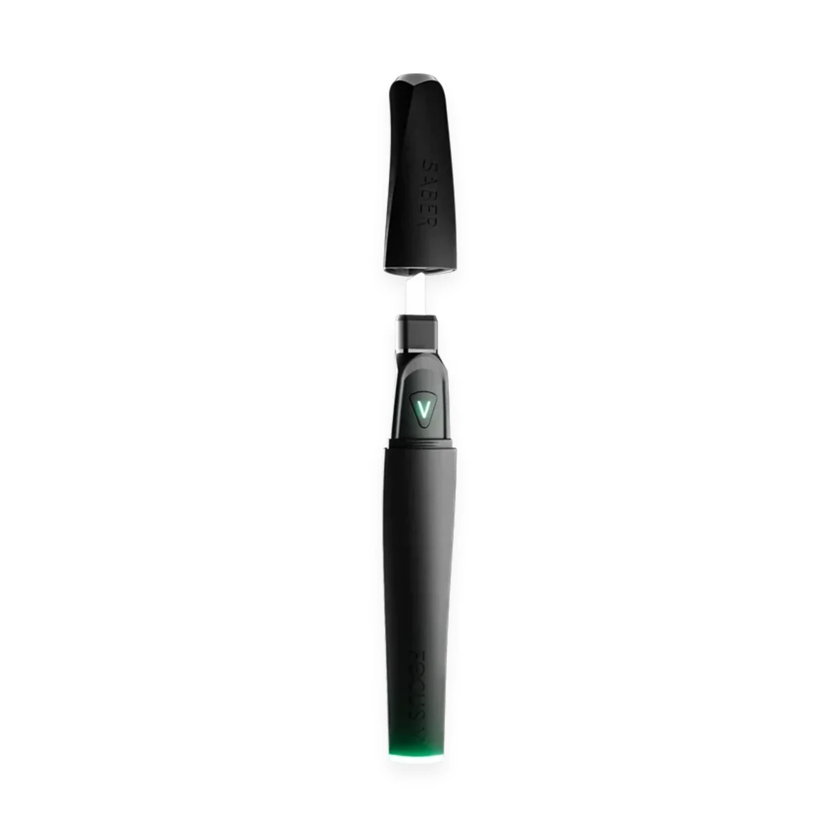 Focus V Saber Electric Dab Tool with cap uncapped revealing ceramic tip and V power button
