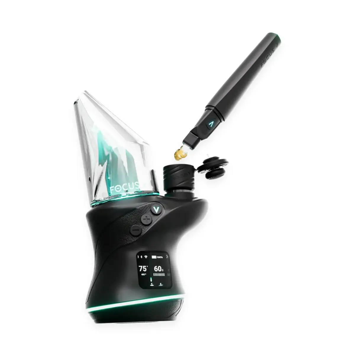 Focus V Saber hot knife tool applying concentrate into Focus V Carta 3 Smart E-Rig open chamber