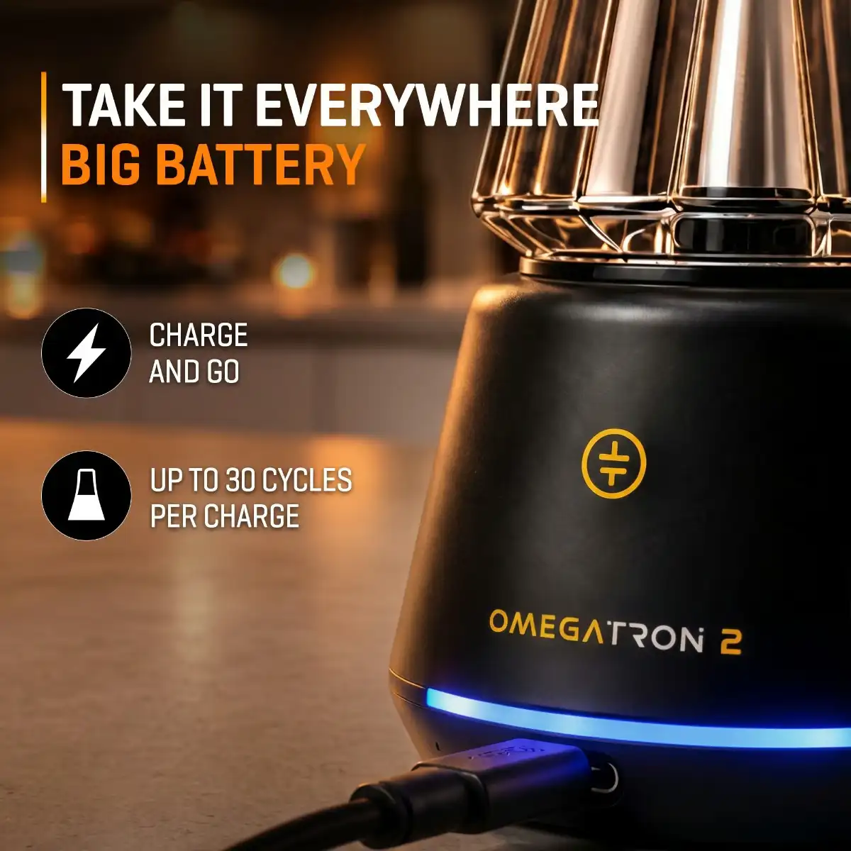 Tronian Omegatron 2 Vapor Cup charging via USB-C cable showing illuminated blue LED light ring