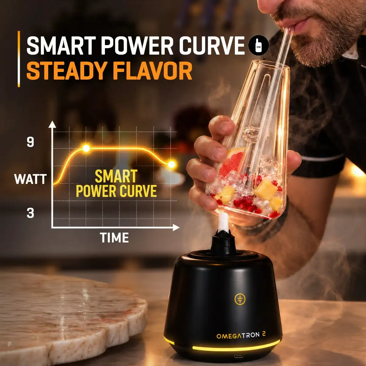 Tronian Omegatron 2 base unit detached from glass cup highlighting smart power curve wattage graph