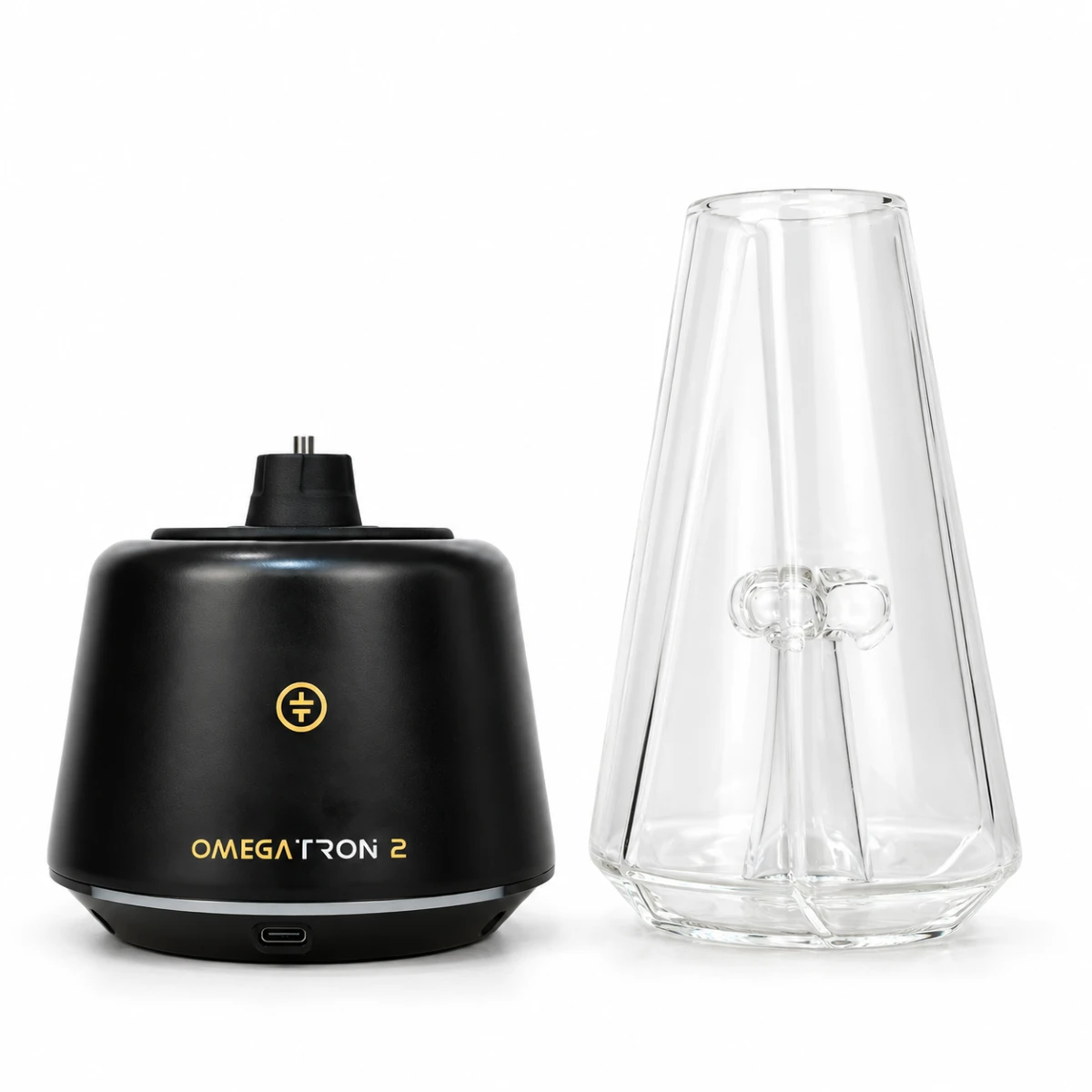 Tronian Omegatron 2 black vaporizer base next to clear glass cup bubbler attachment
