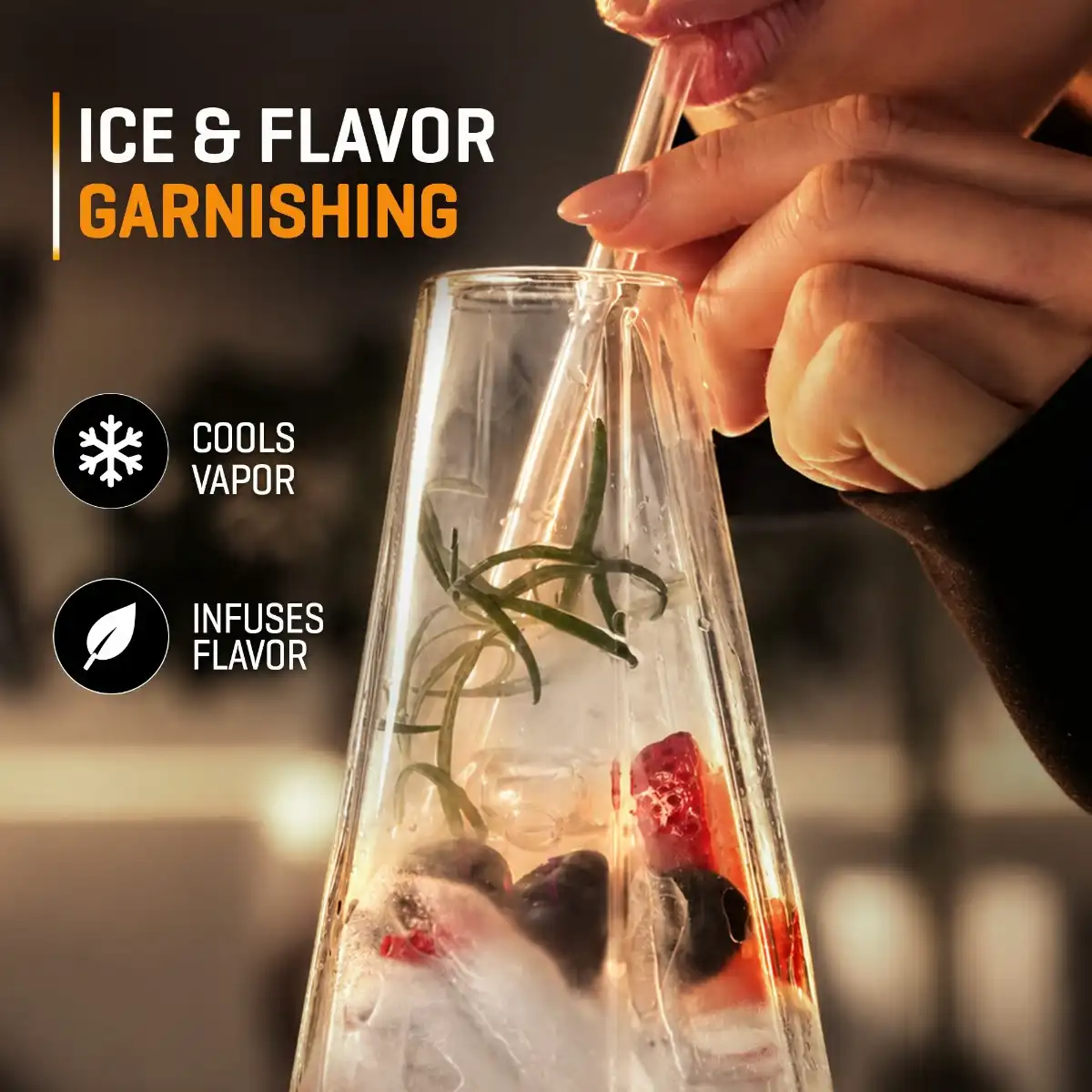 Tronian Omegatron 2 glass vapor cup garnished with ice, fruit, and herbs for flavor infusion