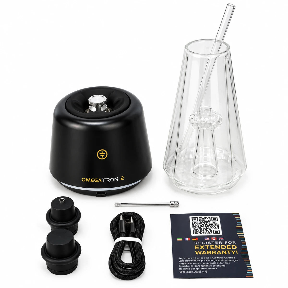 Tronian Omegatron 2 vaporizer complete kit including glass cup, USB-C cable, and accessories